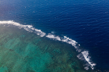 Aerial view over coral reef, Fiji