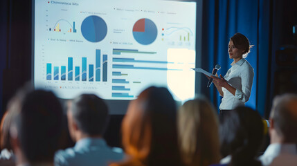 Business presentation with a female speaker presenting data