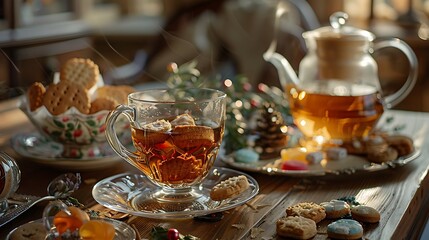 the made tea with cookies and candies on a table