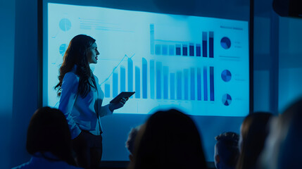 Business presentation with a female speaker presenting data