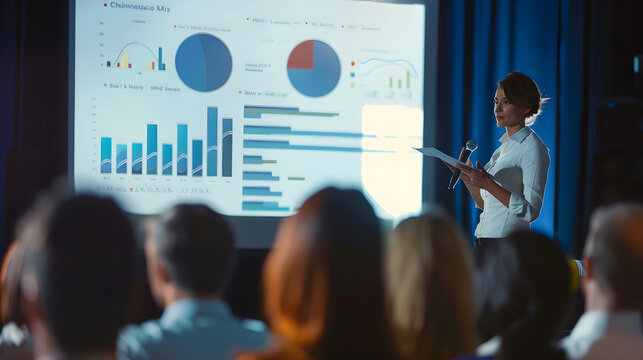 Business presentation with a female speaker presenting data