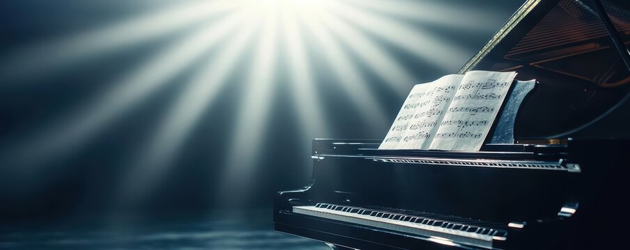 Grand piano with sheet music under spotlight