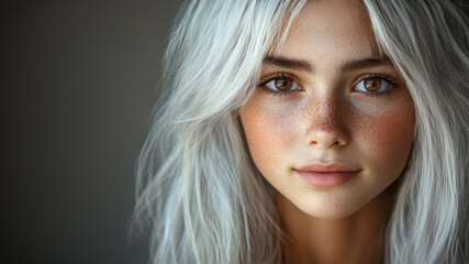 Naklejka premium A cute teenager model with freckles and platinum blond hair. Direct gaze. Copy space. A young girl.