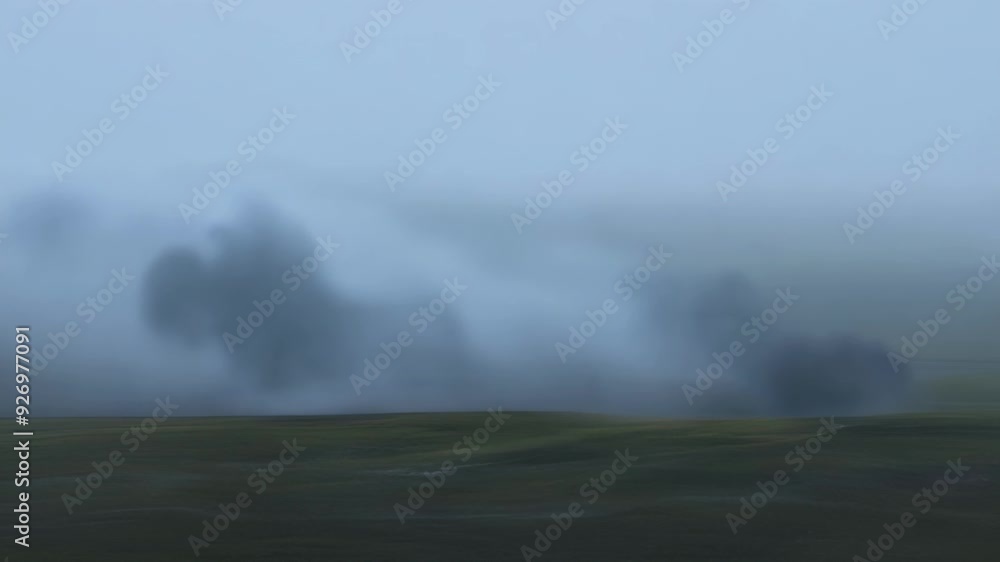 Poster dark clouds form ghostly shapes over an empty landscape, creating a spooky atmosphere perfect for ha