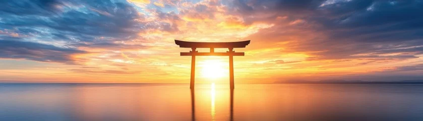 Selbstklebende Fototapeten Japanese temple gate torii at sunset, silhouette against a vibrant sky, calm water reflecting the scene, sacred and timeless, HD quality © narak0rn