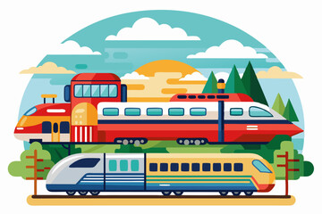 Two Trains Traveling Through a Scenic Landscape