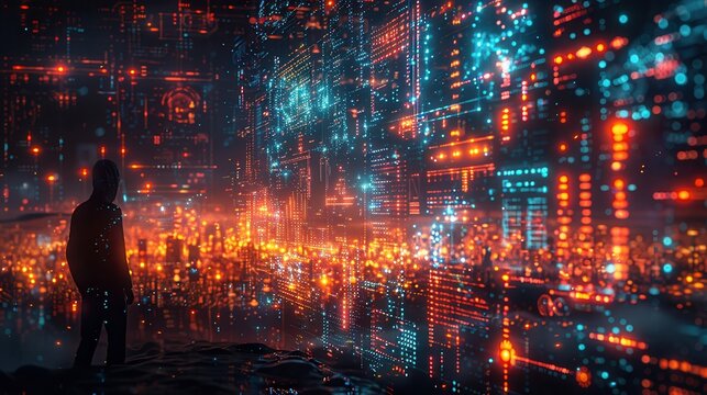 Quantum Computing Engineer at Work with Floating Data Points and Holographic Circuits - Futuristic Technology Concept | Left Space for Text