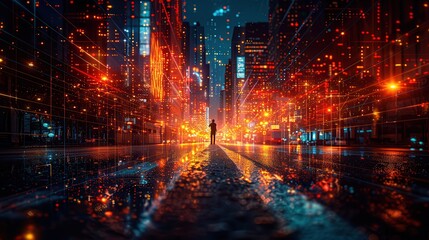 Fototapeta premium Futuristic Technician Installing Smart Sensors in Urban Environment with Holographic Interfaces and Real-time Data, Copy Space on Left