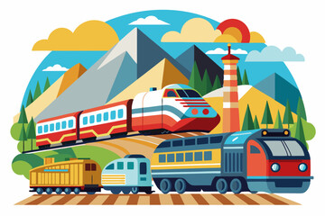 Four Trains Traveling Through a Mountainous Landscape