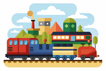 Naklejka premium A Cartoon Train with Red, Blue, and Yellow Cars Traveling on Tracks