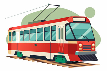 Naklejka premium Red and White Tram on Train Tracks