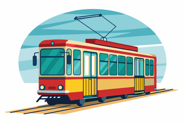 Naklejka premium Red and Yellow Tram on Tracks with Blue Sky Background