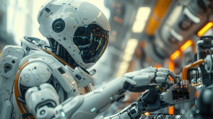 Fototapeta premium Technological Innovation in Industrial Maintenance - Technician Utilizing Robotic Arms for Machine Repair