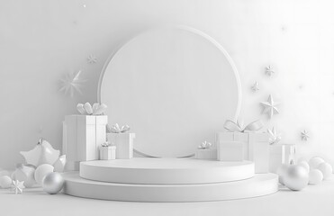 Product presentation pedestal platform stage podium background with Christmas tree and balls on a light background.