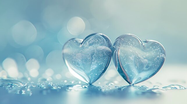 two small glass transparent hearts on soft blue background