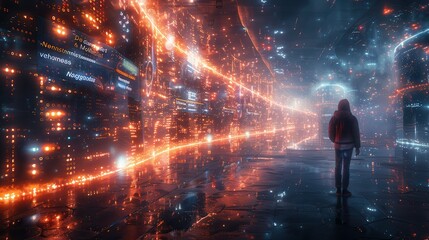 Futuristic Engineer Managing IoT Network in Smart City with Holographic Displays and Data Streams, Copy Space on Left