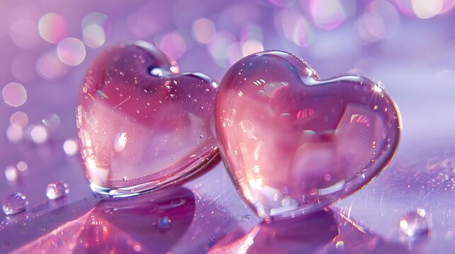 two small glass transparent hearts on soft purple background
