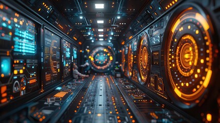 Technician Performing Maintenance on High-Speed Communication Network with Real-Time Data and Holographic Displays - Space for Text to the Left