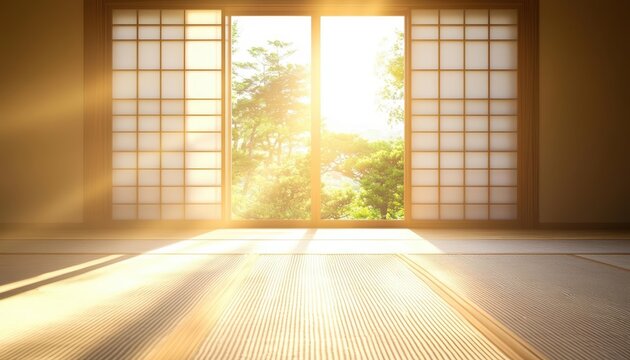 Minimalist interior design with sunbeams streaming through a large window.