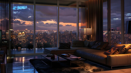 Fototapeta premium Photorealistic interior of a modern living room with a large window and a city view at night