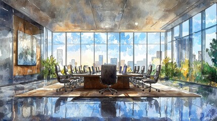 Watercolor scene of a boardroom with documents and laptops for a formal meeting.