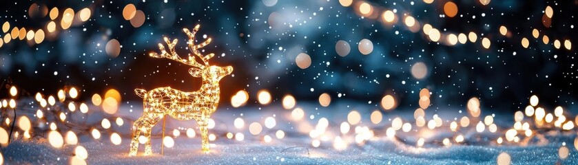 Fototapeta premium Reindeer silhouette lit up with Christmas lights, snowy night background
