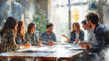 Watercolor scene of a meeting with diverse team members sharing ideas.