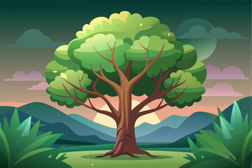 A Large Tree Stands Tall in a Green Landscape with Mountains in the Distance