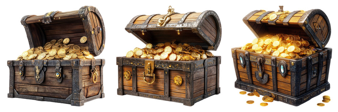 Wooden treasure chest filled with gold coins isolated on transparent background