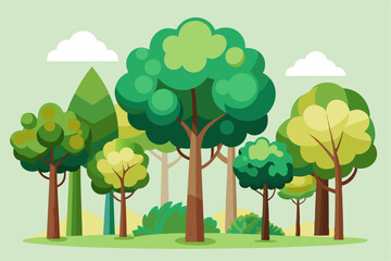 Cartoon Illustration of a Forest with Green Trees and Clouds