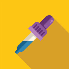 Chemical pipette dropper filled with blue liquid icon in flat style on a yellow background