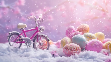 Vintage children bicycle Easter eggs on pink and purple snow background