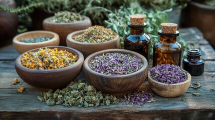 Fototapeta premium Herbal medicine with natural ingredients, close-up on rustic background