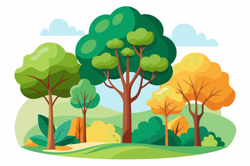A Colorful Illustration of a Lush Forest with Trees and Clouds