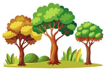 Three Cartoon Trees on a Green Hill with Lush Foliage