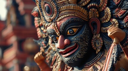 Fototapeta premium A close-up of an intricately designed Ravana effigy, ready for the Dussehra celebrations, highlighting the artistry and cultural significance of the festival.