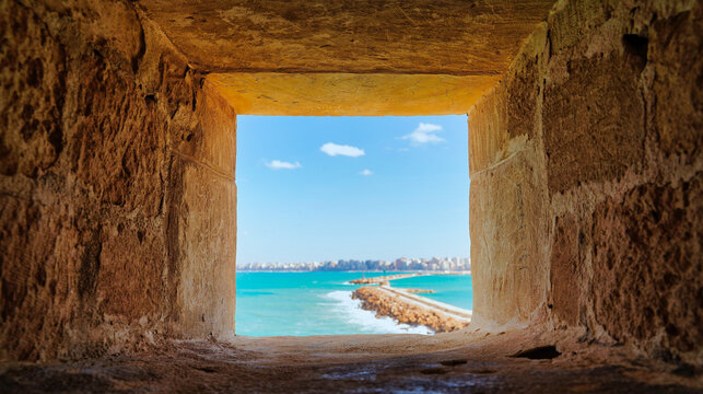 A window with a view over the massive stone walls into the blue Mediterranean sea at the Citadel of Qaitbay,built by the Mamluk Sultan Qaitbay in 1479 AD,Pharos Island,Alexandria,Egypt