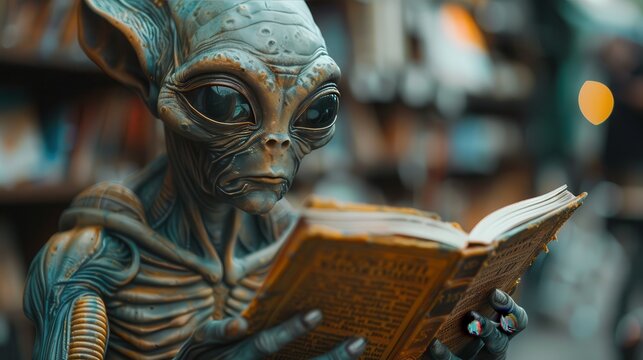 Cosmic Connections: Alien Embracing Knowledge in Human Library - Space for Text on the Right