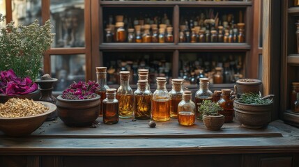 Rustic herbal apothecary with oils and botanicals, close-up view