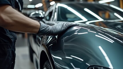 A car enthusiast applying a ceramic coating to a luxury sports car, with a focus on the paint's shine