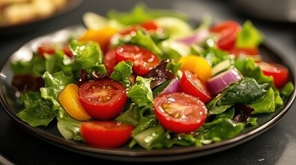 Salad plate with mixed vegetables and dressing, close-up shot