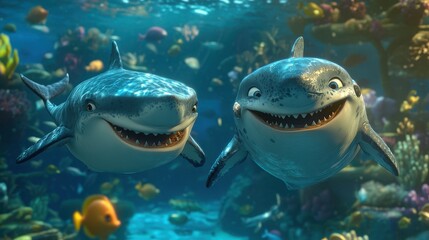 Fototapeta premium Shark and cartoon whale close-up, with a gray whale featured prominently