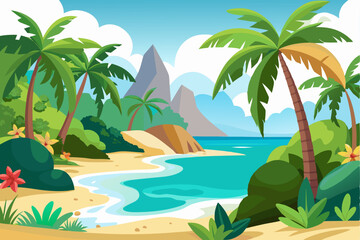 Obraz premium Tropical Beach Landscape with Palm Trees and Mountains