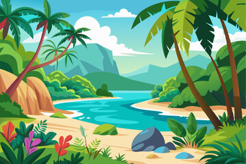 Tropical Beach Landscape with Palm Trees and River