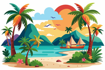 Obraz premium Tropical Beach Scene with Palm Trees, Mountains, and Sunset