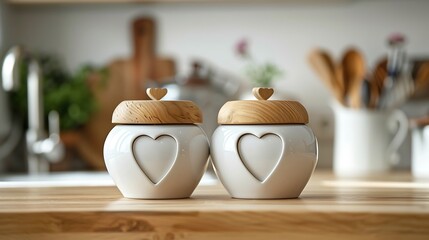 White ceramic sugar bowl and candy bowl with heart shaped wooden lids on the kitchen