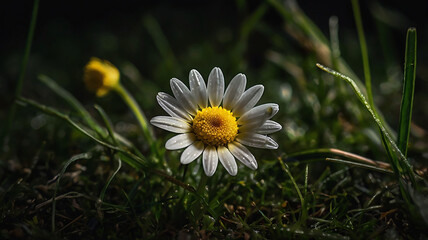 A tiny yellow daisy surrounded by soft, lush grass. The zoomed view highlights the flower's texture and the fine details of the pollen.