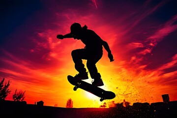 A dynamic silhouette of a boy performing a skate stunt against a colorful evening sky, capturing the creative thrill of skateboarding. - Spending leisure time creatively


