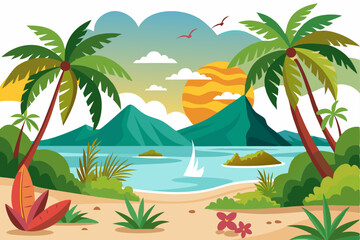 Obraz premium Tropical Beach Landscape with Palm Trees and Sunset