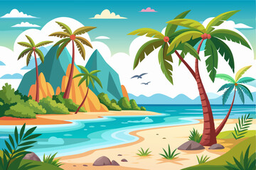 Obraz premium Tropical Beach Scene with Palm Trees and Mountains